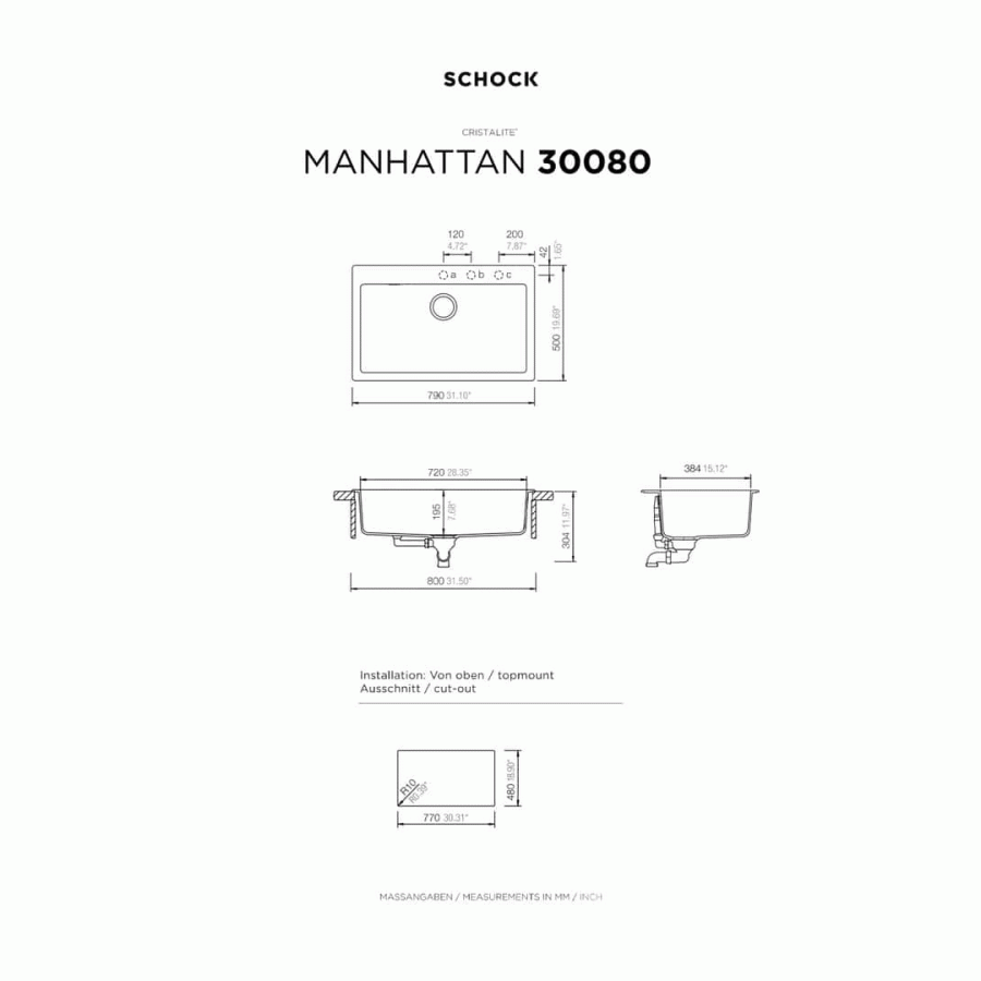 Νεροχύτης Schock Cristalite Manhattan Ένθετος 30080 (79x50cm)